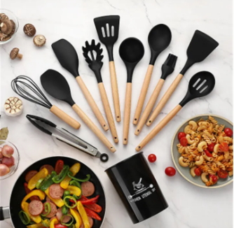 12 Pcs Silicone Cooking Utensils Set With Wooden Handles