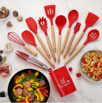 12 Pcs Silicone Cooking Utensils Set With Wooden Handles